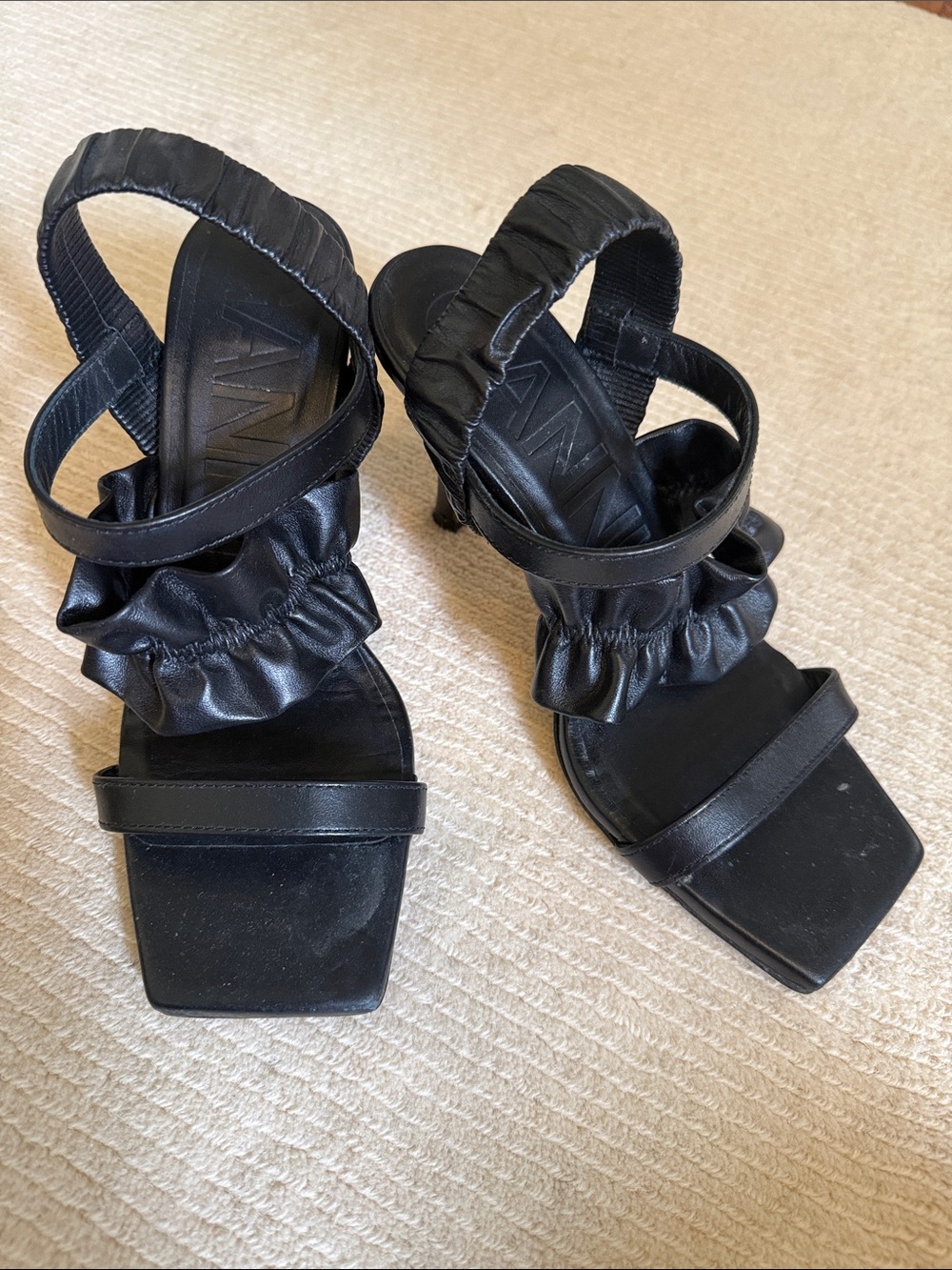 Ganni Black Ruched Strap Square-Toe Sandals